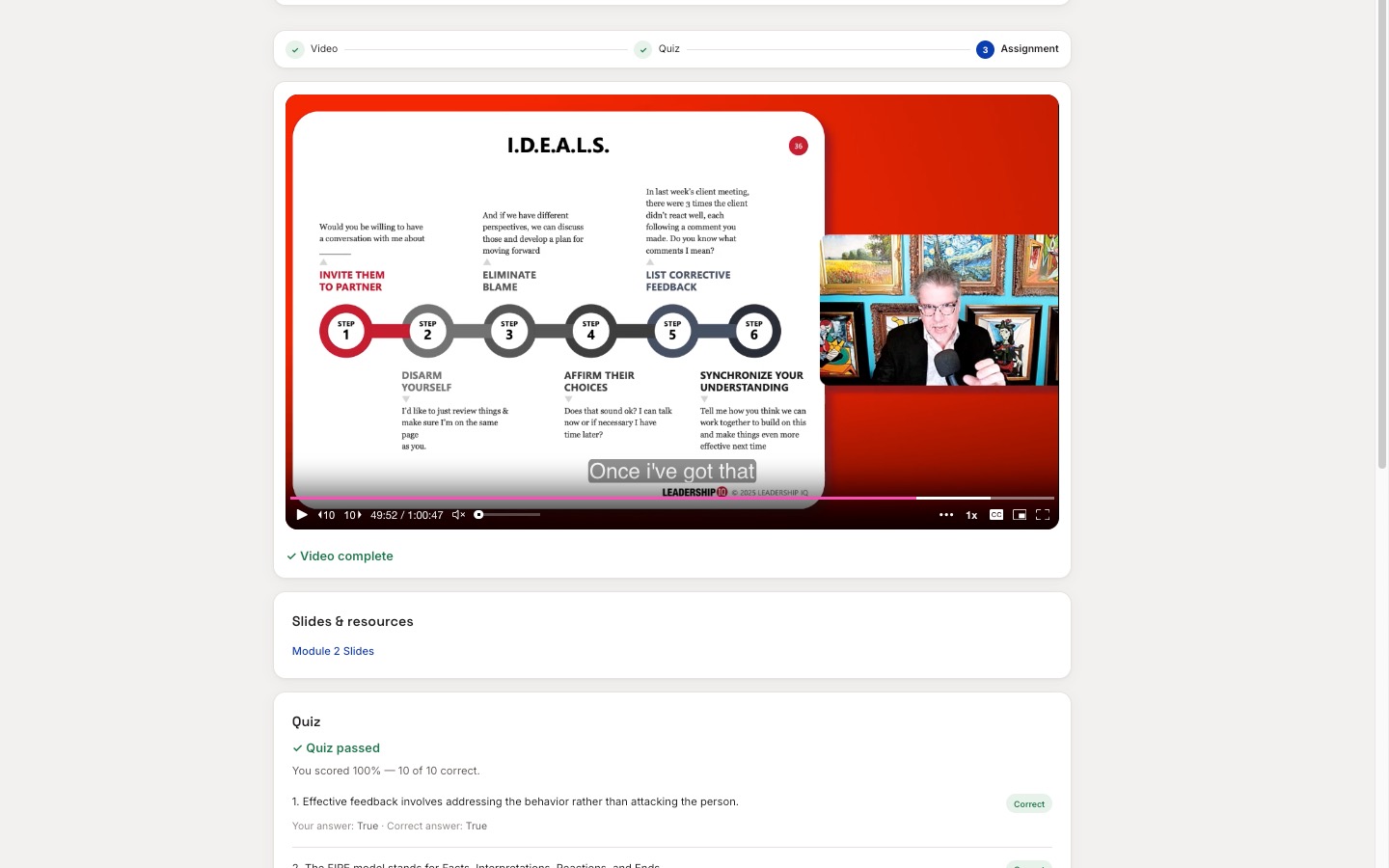 A module screen with video and passed quiz