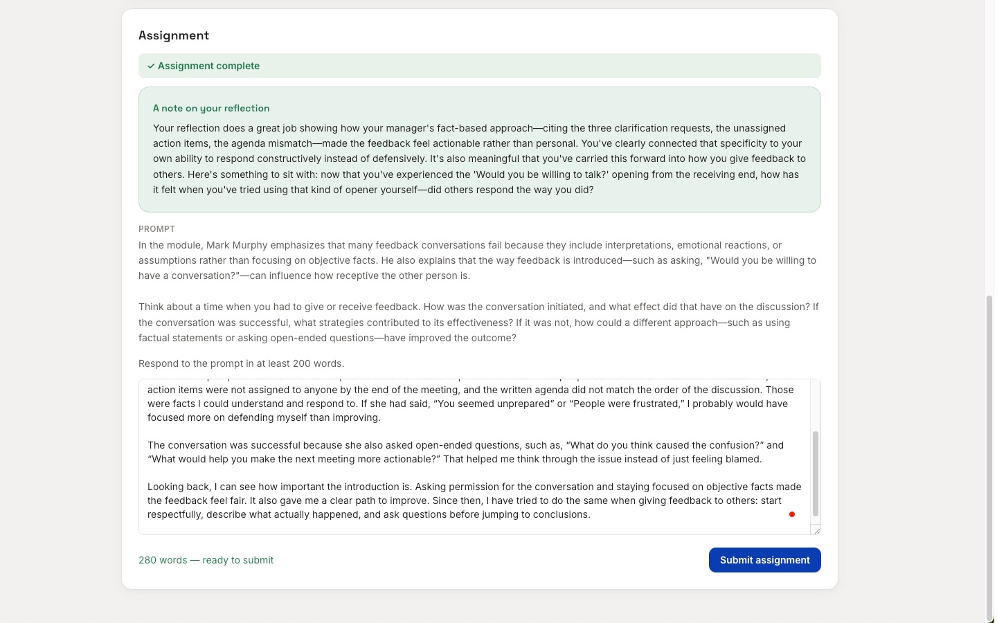 An assignment with personalized feedback